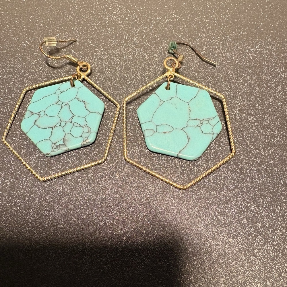 Gold Tone Turquoise Hexagon Dangle Drop Earrings